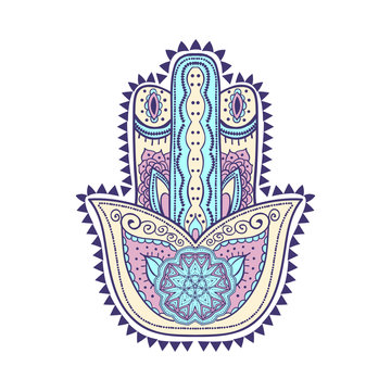 Graphic hand drawn hamsa in ethnic and boho style. Popular amulet.Vector illustration.