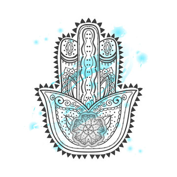 Graphic hand drawn hamsa in ethnic and boho style with watercolor splashes on background. Vector illustration.