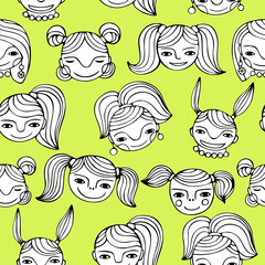 Set of cute cartoon girls.Monochrome vector seamless pattern.
