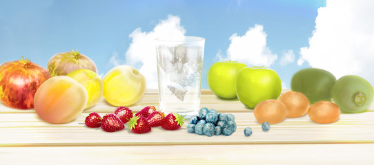 Fototapeta na wymiar Fresh fruits and pure water. Mixed fruits background.