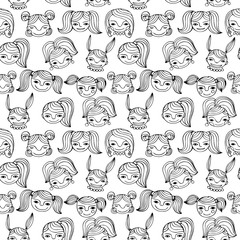 Set of cute cartoon girls.Monochrome vector seamless pattern.