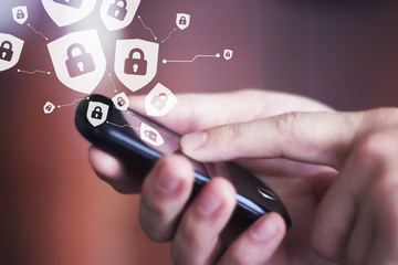 Button locked shield virus security business online smartphone