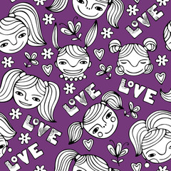Set of cute cartoon girls.Monochrome vector seamless pattern.