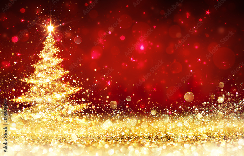 Wall mural shining christmas tree - golden glitter sparkling in the red background - Wall murals