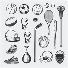 Set of Sport equipment. Soccer, football, lacrosse, basketball, baseball, hockey and tennis.