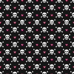 Seamless pattern with skulls and glittering hearts.