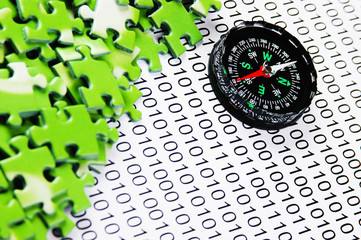 puzzles and compass on a binary code