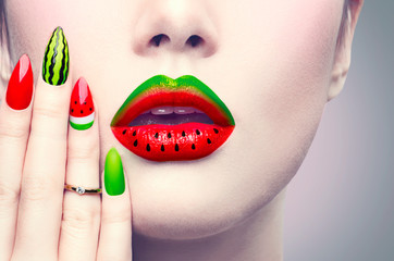 Beauty fashion watermelon makeup and manicure