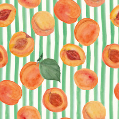 Watercolor seamless pattern of peach fruits on green splash background - 123625342