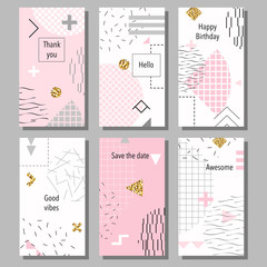 Set of artistic colorful universal cards. Wedding, anniversary, birthday, holiday, party. Design for poster, card, invitation. Memphis style