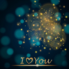 Vector abstract shining falling stars on turquoise ambient blurred background "I love You". Luxury design. Vector illustration
