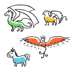 Fototapeta premium Set of cute little cartoon mythical beasts. Dragon, griffin, unicorn and phoenix. Vector illustration isolated on white