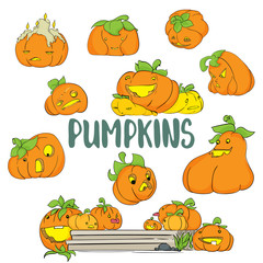 Cute pumpkins character set. Halloween party hand drawn lettering and sketch. Fun colorful brush ink typography greeting card, illustration for t-shirt print, banner, flyer, poster design.