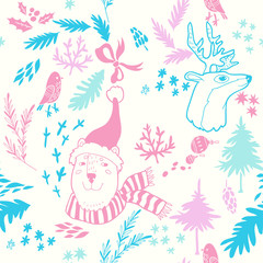 Happy New Year texture. Vector seamless pattern with Christmas symbols. Hand drawn illustration with bear, deer, bird, firs and floral elements. Doodle style