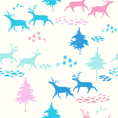Deers in winter forest. New Year vector seamless pattern with trees and animals. Christmas hand drawn texture with firs, running deer and snow
