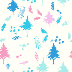 Fototapeta premium Winter forest. New Year vector seamless pattern with trees and floral elements. Christmas hand drawn texture with firs, birds, branches, cones and snow