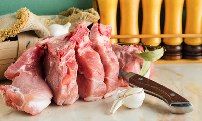 Chopped pork on a marble countertop