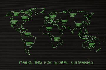 map of the world with shopping cart all over, global marketing