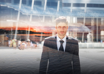 Fototapeta premium Double exposure of businessman and gorgeous sea sunset