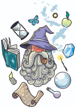 Wizard Portrait / Portrait of wizard smoking pipe. Different objects float around him.