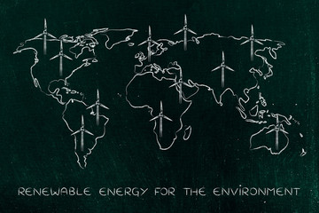 map of the world with wind turbine all over, green economy