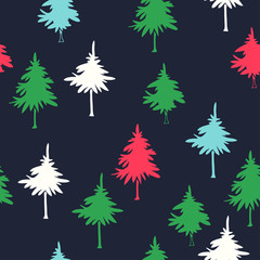 Fototapeta premium Winter forest. New Year vector seamless pattern with trees. Christmas hand drawn texture with firs silhouettes on dark background