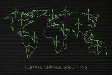 map of the world with wind turbine all over, green economy