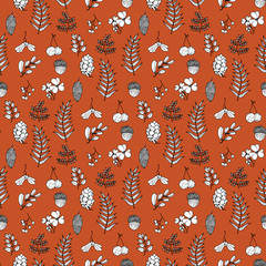Nature illustration. Natural materials. Forest postcard. Forest fruits, leaves, branches. Seamless pattern.