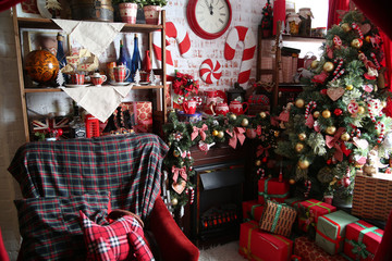 Christmas Tree in Room, Xmas Home Night Interior