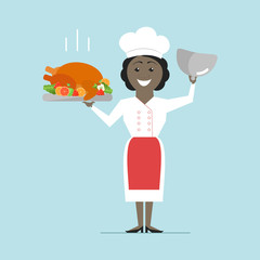 Chef African American woman holding a hot dish. Turkey roast. Veсtor