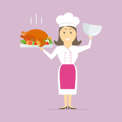 A female chef in the kitchen, holding a hot dish. Turkey on the grill with vegetables. vector