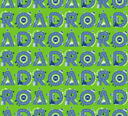 Vector seamless pattern with baby styled letters ROAD and city traffic elements