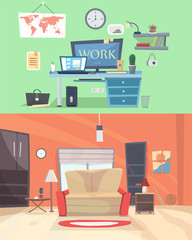 Set of colorful vector interior design house rooms with furniture icons: living room, bedroom. Flat style  illustration. Home office