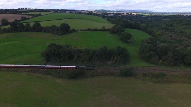 Aerial view of a steam train.