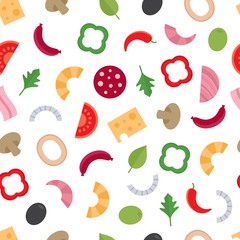 Seamless pattern with the ingredients for pizza. Food background. Vector illustration, flat style.