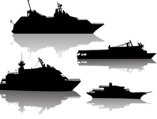 four modern small ship silhouettes with reflections