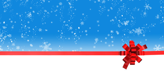 Christmas blue background with snow and a red bow