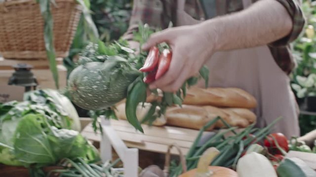 Tracking camera shot of hands of salesperson giving zucchini and red peppers to customer putting fresh vegetables into paper bag