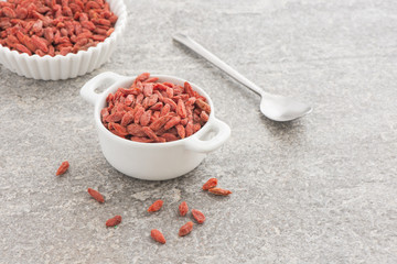 Goji berries, dried red fruit. Asian healthy superfood with antioxidant. A berry filled with vitamins and nutrition. Healthy food, chinese superfruit also known as wolfberry.