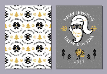 Obraz premium Trendy postcard Merry Christmas and Happy New Year 2017. Holiday Vector card, Lovely hand-drawn Rooster, Cute Santa Claus, Christmas tree, seamless pattern of snowflakes, gold elements. Modern style