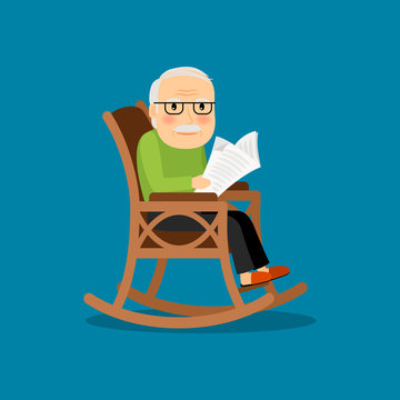 Eldery man on wheelchair reading newspaper. Vector illustration