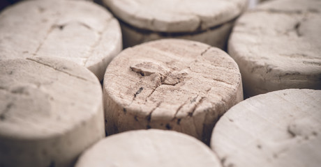 Wine cork detail. A group of wine corks in close-up. Concept of drinking or making wine. Symbol of winery or alcohol drinks.