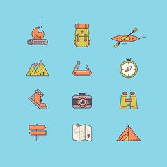 Line icons with flat design elements of survival tourism recreation, outdoor camping, travel and vacation. Vector illustration.