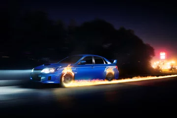 Crédence de cuisine en verre imprimé Voitures rapides Blue car drive on asphalt countryside road with fire wheels at night