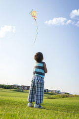 Little boy on summer vacation having fun and happy time flying k