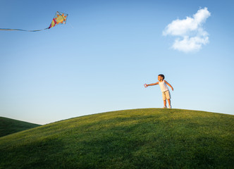 Little boy on summer vacation having fun and happy time flying k
