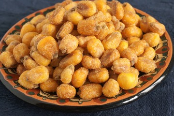 Corn nuts or cornicks a roasted and seasoned maize snack