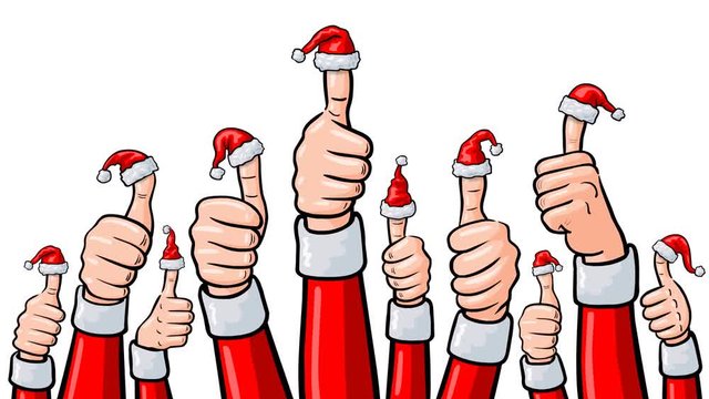 Video: Viele Weihnachtsmann-H&auml;nde mit Daumen hoch und Weihnachtsm&uuml;tzen vor wei&szlig;em Hintergrund