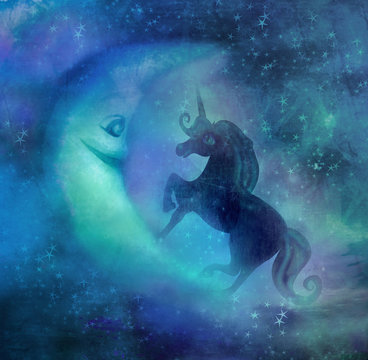 cute magic unicorn and moon