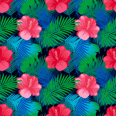 Tropical leaves pattern with flowers. Summer exotic floral palm and  jungle leaves pattern background. Vector illustration. 